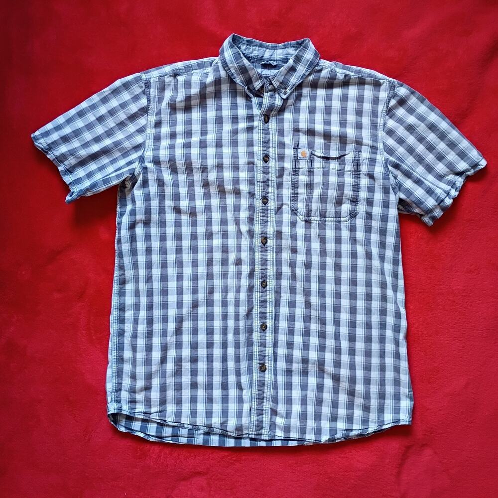 Carhartt Short Sleeve Relaxed Fit Button Up Plaid Mens XL Tall Grey/Blue